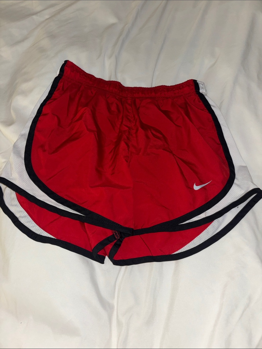 Nike Red Women's Athletic Running Shorts with White Panels and Black Trim